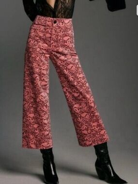 Anthropologie Maeve Pink Pattern Colette Cropped Wide Leg Corduroy Pants